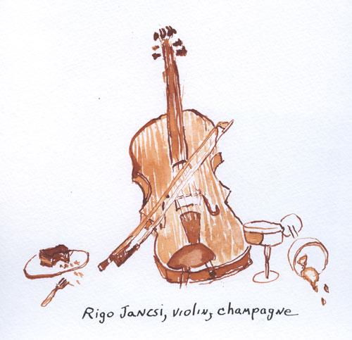 A drawing of a violin and a bottle of champagne.