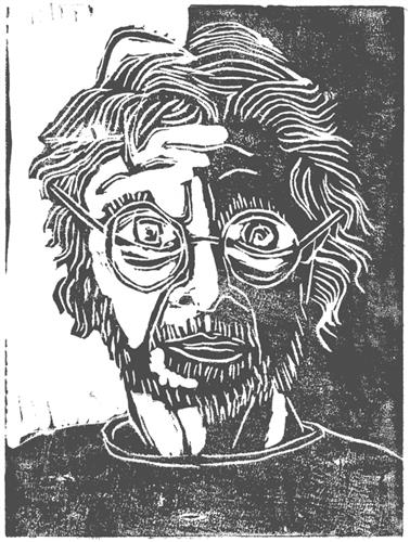 A black and white drawing of a man with glasses.