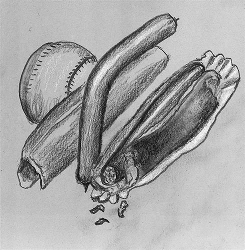 A drawing of a hot dog and a baseball.