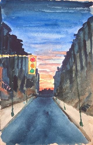 A watercolor painting of a street at sunset.