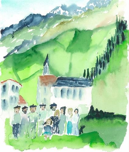 A watercolor painting of a group of people in front of a house.