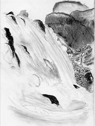 A black and white drawing of a waterfall.