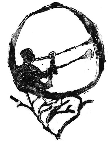 A black and white drawing of a man playing a trumpet.