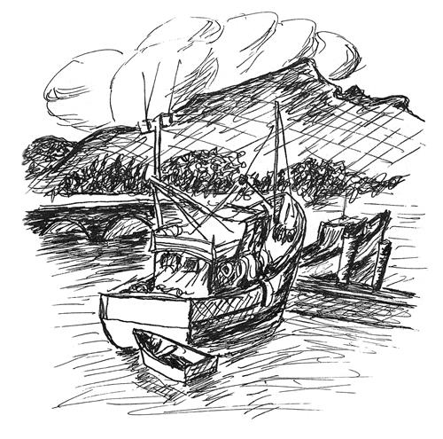 A sketch of a boat docked in the water.