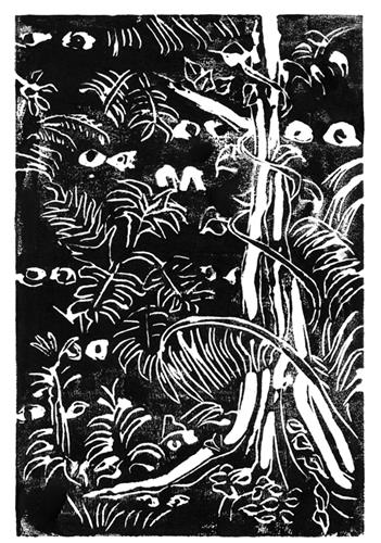 A black and white drawing of a tree in the jungle.